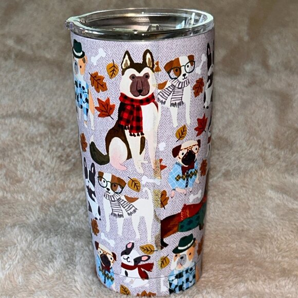 Clementine Paper Inc Dog Tweed Travel "Fall Dogs" Cup 20oz Tumbler With Lid #880 - Picture 4 of 11